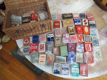 Large Lot Of Vintage Decks Of Playing Cards In Wicker Basket