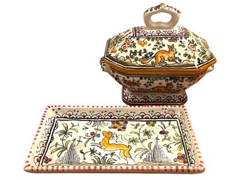 Handpainted Ceramic Petite Soup Tureen & Plate From Portugal