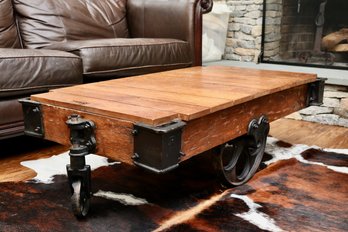 Pallet Top Warehouse Cart Coffee Table With Large Caster Wheels By Industrial Chic For Kincaid Furniture