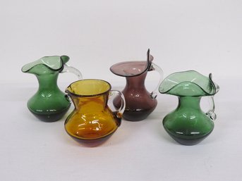 Group Of 4 Freeblown Colored Pitchers/ewers - Viking, Pilgrim, Kanawa Or Similar Glass