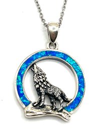 Beautiful Sterling Silver Fire Opal Howling Wolf Pendant Necklace