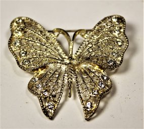 Silver Tone Vintage Butterfly White Rhinestone Brooch