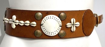 A Brown Leather Belt With Shells & Brass Buttons Details - 32' Long