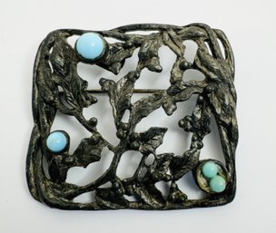 VINTAGE SIGNED CORO DECEMBER HOLLY FAUX TURQUOISE DARK SILVER TONE BROOCH