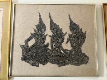 Three Thai Figures Block Print On Fancy Paper