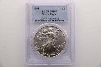 1998 PCGS Ms69 Silver Eagle 1 Ounce .999 Silver Coin