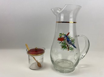 Cardinal Decorated Glass Pitcher And Marmalade Jar With Spoon