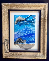 ASIAN WOODCUT FRAMED COLLAGE ART: Tiny Size Mountains, Clippings Of Old Antique Newspapers & Books, Blues