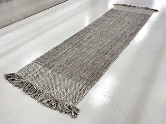 Gray & White Woven Wool Fringed Runner