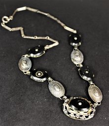 Vintage Art Deco Black Onyx Link Necklace Czech.