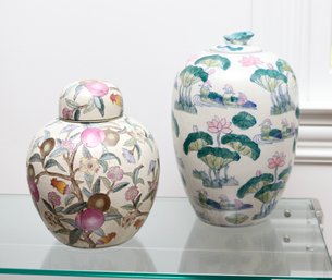 Hand Painted Floral, Fruit And Fauna Chinese Ginger Jars In Muted Tones