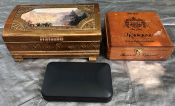 Lot Of 3 Vintage Boxes - Hand Made Painted Decoupage Tramp Art Box, Arturo Fuente Cigar Box, Necklace Box