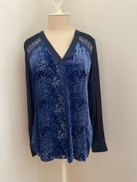 Hale Bob Navy Sheer, Velour & Lace Blouse, Size M