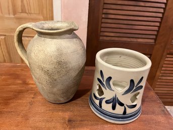 Hillstonia Vintage Stoneware Pitcher & Maple City Pottery Luminary