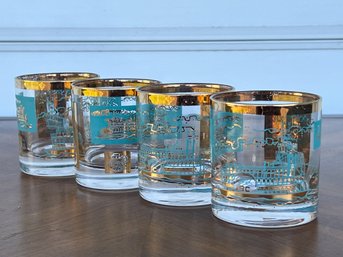 Set Of  4 VTG MCM Libbey Steamboat Whiskey Glasses Teal Gold Southern Comfort