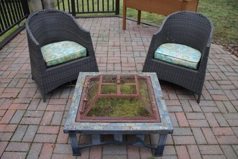 Overgrown Firepit With Two Broyhill Faux Wicker Chairs And Cushions