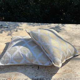 A Pair Of 17 Inch Gold And White Geometric Throw Pillows With Linen Back