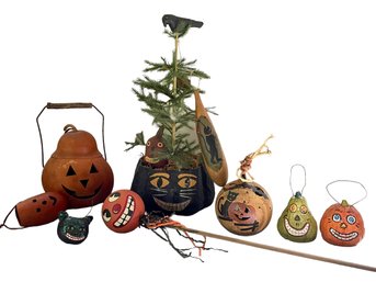 Not So Goulish Halloween Decor! Plug In Lighted Jack-o-Lantern, Hand Painted Gourd Ornaments & More.