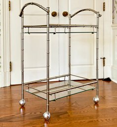 A Fabulous Vintage Faux Bamboo Chrome And Glass Bar Cart, C. 1970's