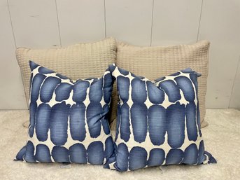Two Cream Tie Back & Two Blue And White Patterned Decorative Throw Pillows