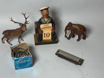 VINTAGE CARVED WOOD CALENDAR, PAINTED DEER, ETC.