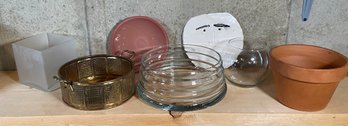 Brass Planter, Glass, Frosted Glass, Terra Cotta, Ceramic Face Trivet, Ribbed Glass Bowl