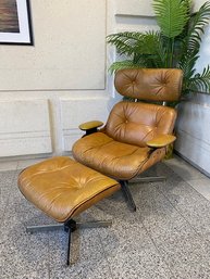 Vintage Mid Century Eames Style Leather Lounge Chair W/ Ottoman By Selig