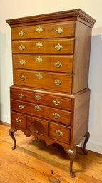 An Antique Flat Top Highboy Queen Anne Form Finely Carved Fan