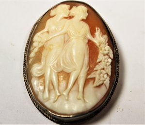 Victorian Silver Framed Hand Carved Cameo Brooch Two Women In A Wood