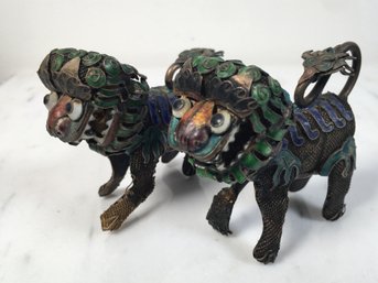 Two Incredible Antique Chinese Silver ? Brass ? Mesh Cloisonne / Champleve Foo Dogs - Very Interesting Pieces