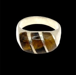 Large Vintage Mexican Sterling Silver Tiger's Eye Inlay Ring, Size 11.75