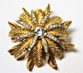 Art Co. Gold Tone White Rhinestone Floral Form Brooch Vintage