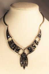 Vintage Mexican Alpaca Silver Link Necklace Having Abalone Shell Inlay 18'