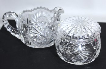 Two Pieces Cut Glass Lidded Jar And Creamer