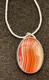 Vintage Sterling Silver 18 Inch Long Necklace - Red Orange Banded Agate Stone Pendant 1 1/4 X 7/8