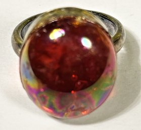 Sterling Silver Large Art Glass Iridescent Ring Size 7
