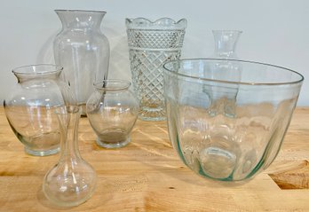 5 Glass Vases & Large Handblown Glass Bowl