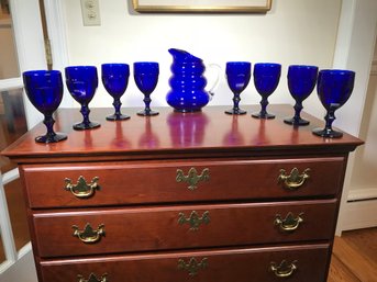 Nine Pieces Of Vintage Cobalt Blue Glass - Eight Cobalt Goblets - Along With Cobalt Deco Style Pitcher