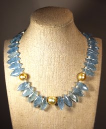 14K Gold Collar Necklace Large Pearls And Aqua Colored Leaf Formed Beads