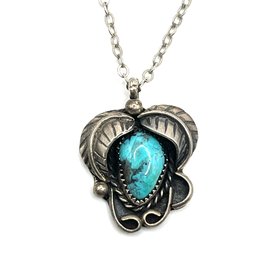 Vintage Sterling Silver Turquoise Ornate Pendant Necklace