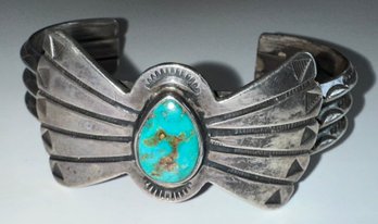 Gorgeous Sterling Silver Navajo Cuff With Turquoise