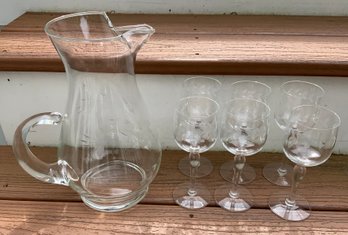 Vintage Etched Glass Pitcher & 6 Stem Sherry/wine Glasses