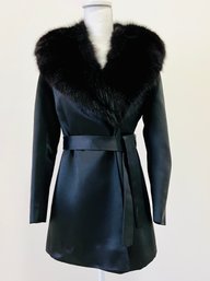 Fur Trim Silk Sateen Shawl Collar Evening Jkt W Belt