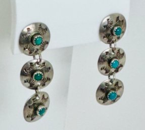 VINTAGE NATIVE AMERICAN STAMPED STERLING SILVER TURQUOISE DANGLE EARRINGS