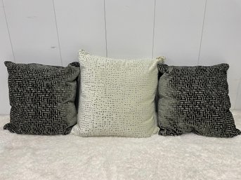 Three Velveteen Patterned Throw Pillows In Dark Grey & Silvery Grey