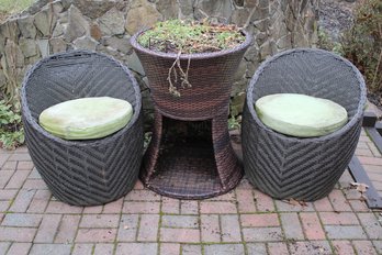 Pair Of Faux Wicker Chairs And Overgrown Flower Urn