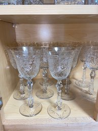 10 Crystal Wine Glasses Beautiful Floral Etched And Cut Crystal With Detailed Stem 8' No Chips