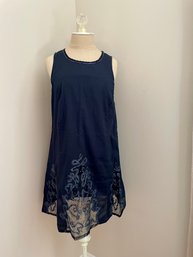 Navy Sleeveless Day Dress With Beaded Neckline, Size L - New With Tags