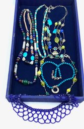 Tray Lot Of Blue-hued Necklaces Including Glass Bead
