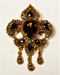 Fine Vintage Gold Tone Amber Glass Rhinestone Fleur De Lis Brooch